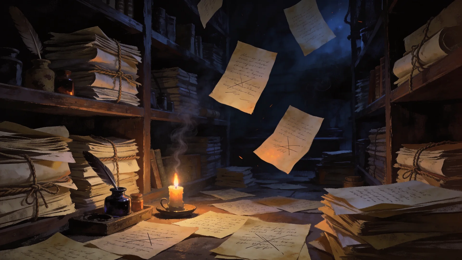 A scriptorium stacked with manuscripts, loose pages hanging in the air