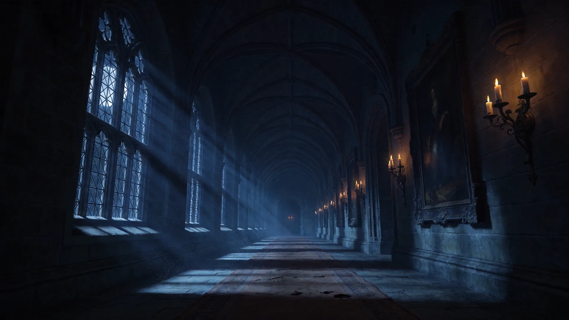 A moonlit gothic corridor with candle sconces and old paintings