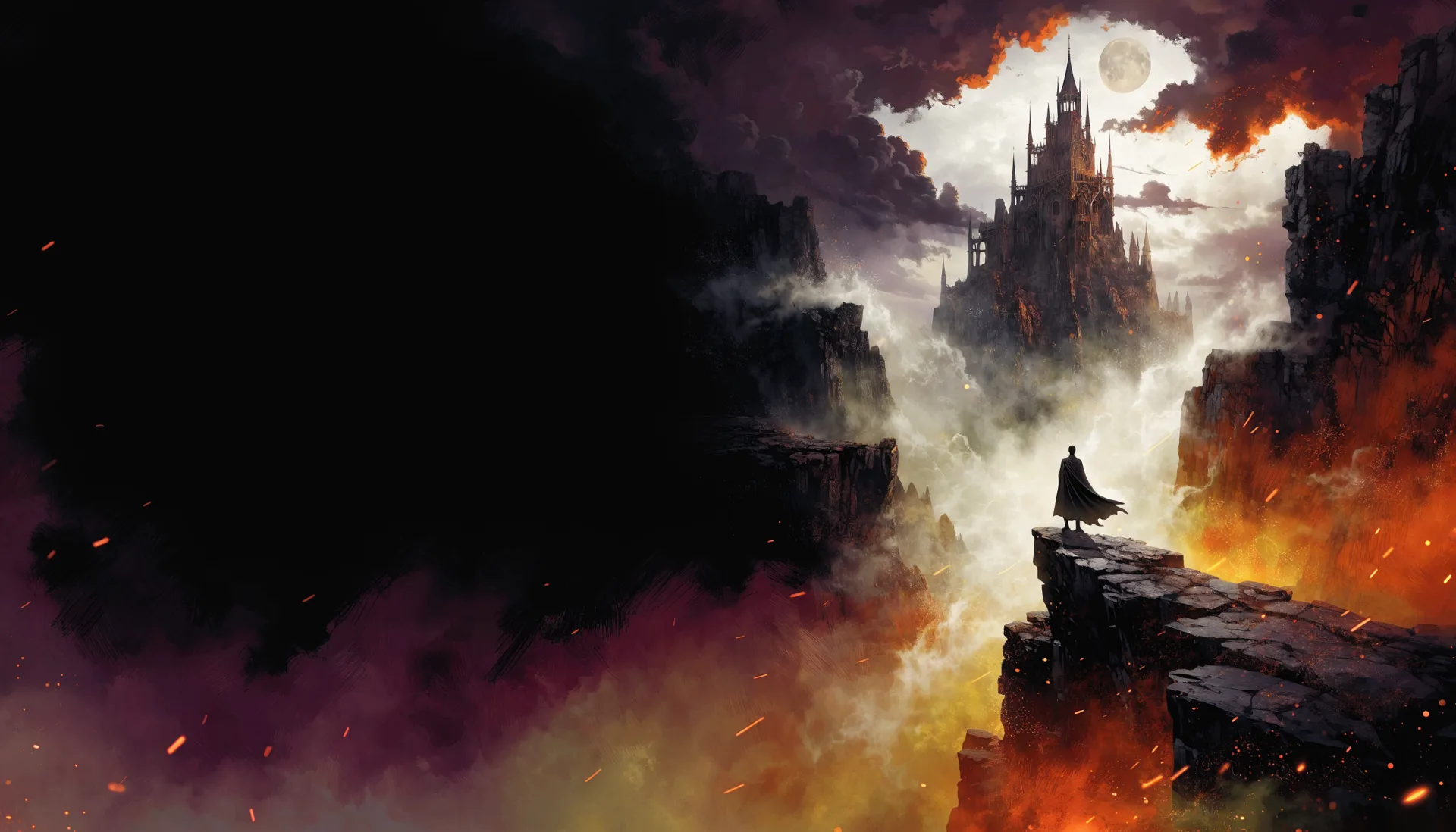 A cloaked wanderer overlooking a misted valley and a distant ruined citadel