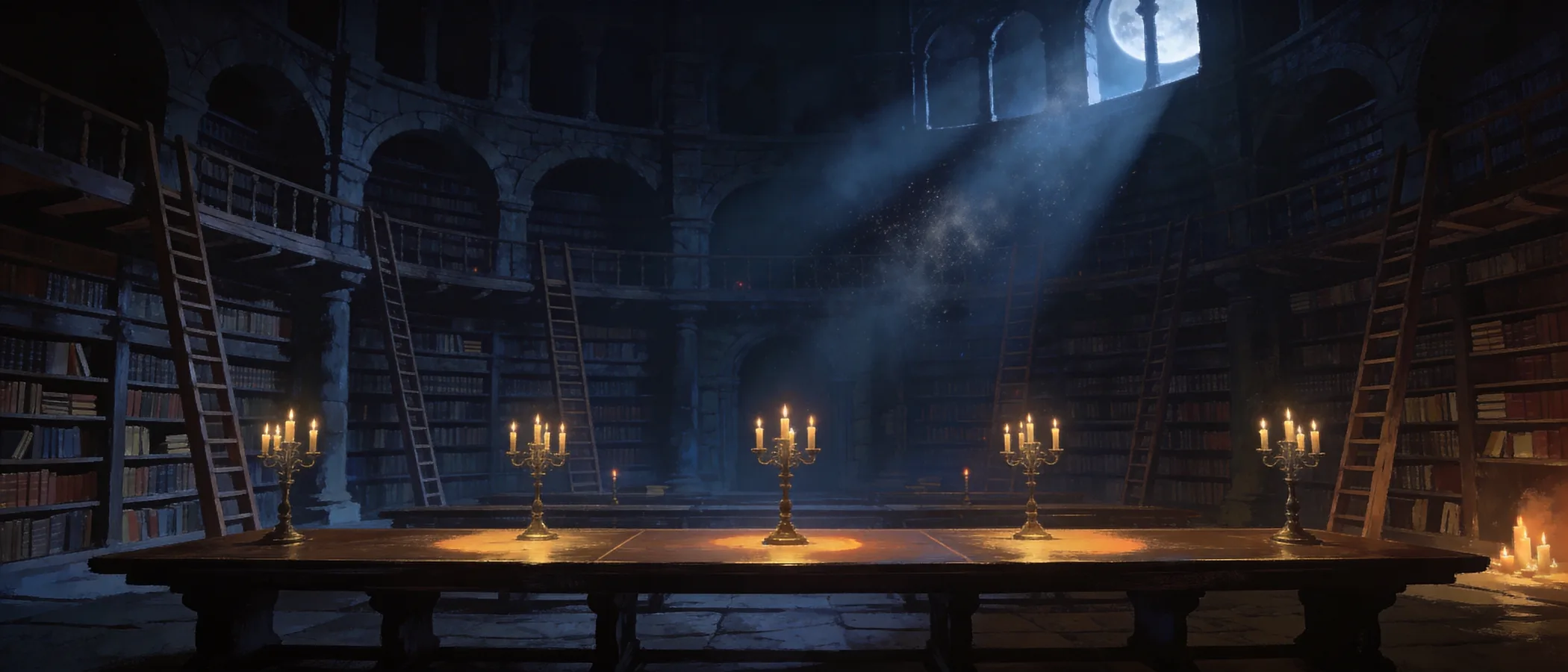 An immense ancient library with a long candlelit reading table